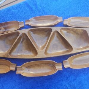 Genuine Leilani Monkey-pod Serving Tray & Set Of 6 Matching Side Bowls